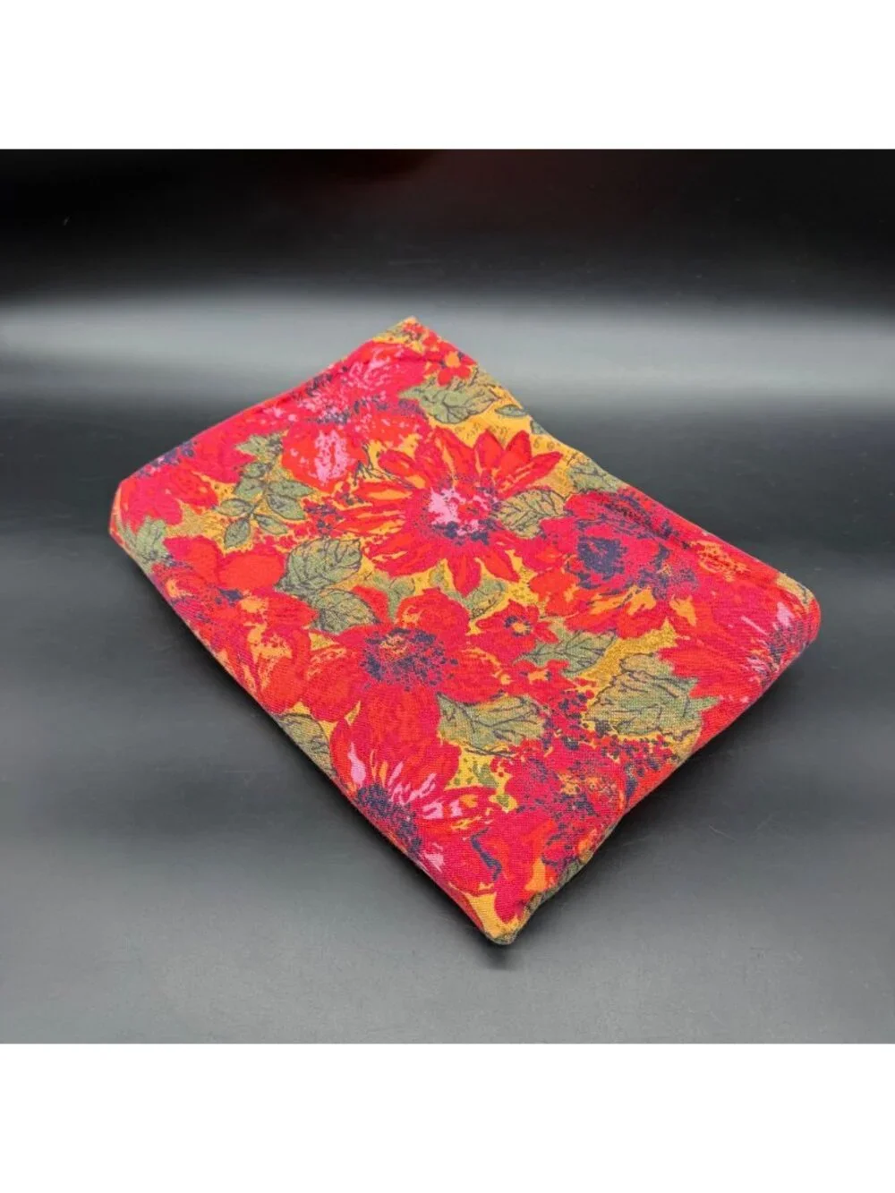Floral Tablecloth Handmade Mid Century Red Pink Green Flowers Vintage 64 x 45